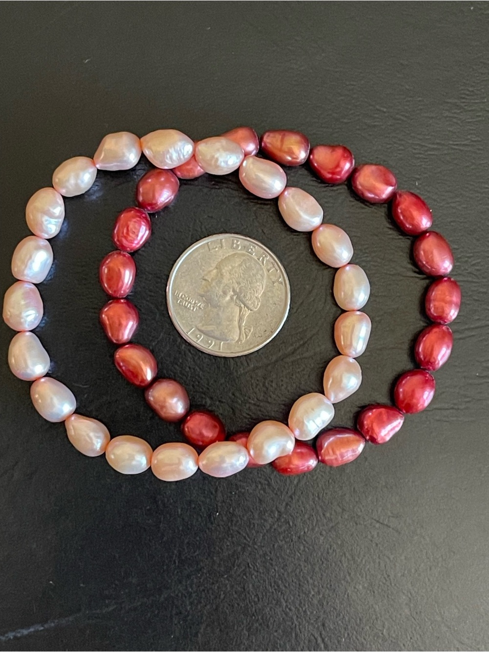 Pink and red genuine Freshwater Pearl Stretch Bracelets.